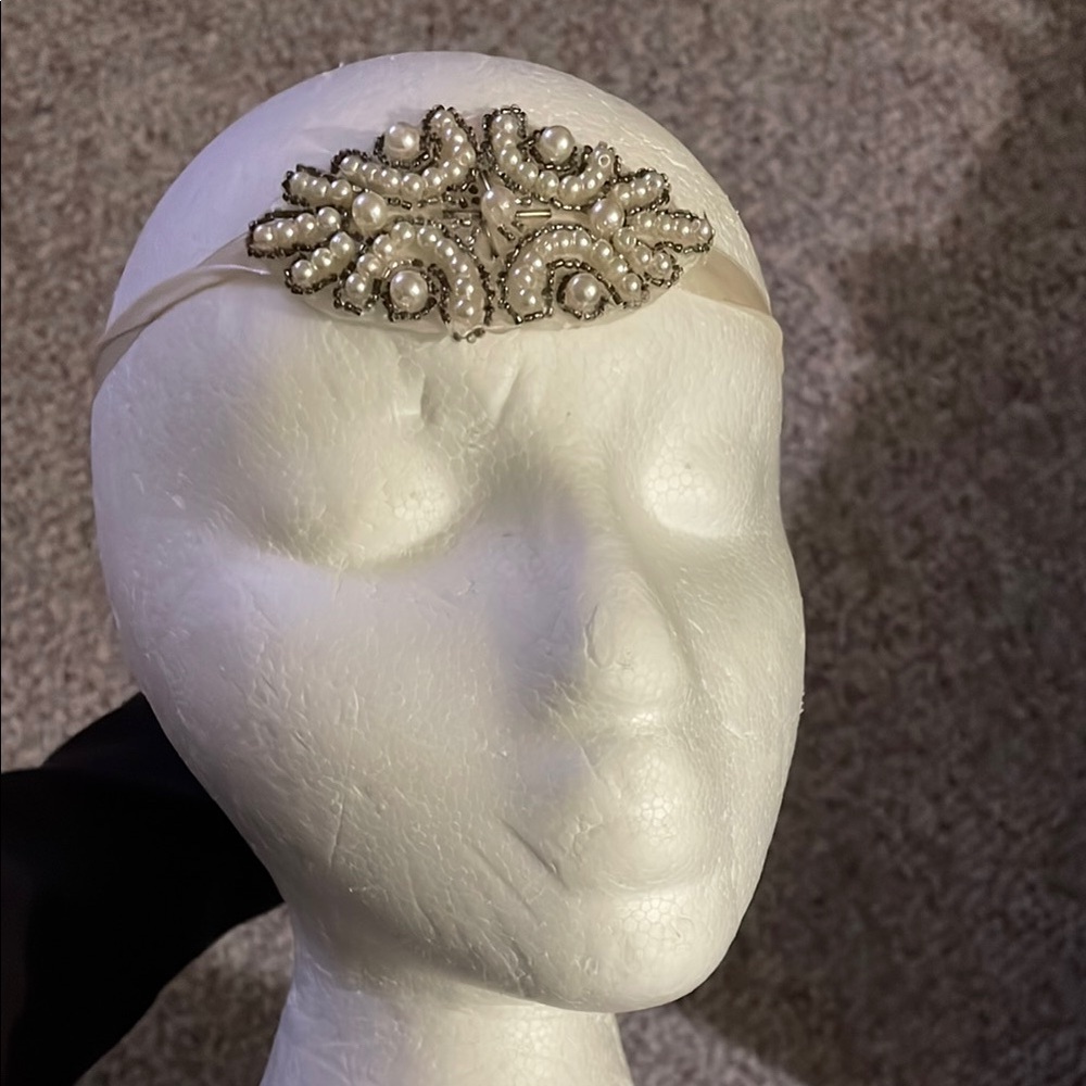 Vintage Satin pearl Beaded Headband on elastic strap